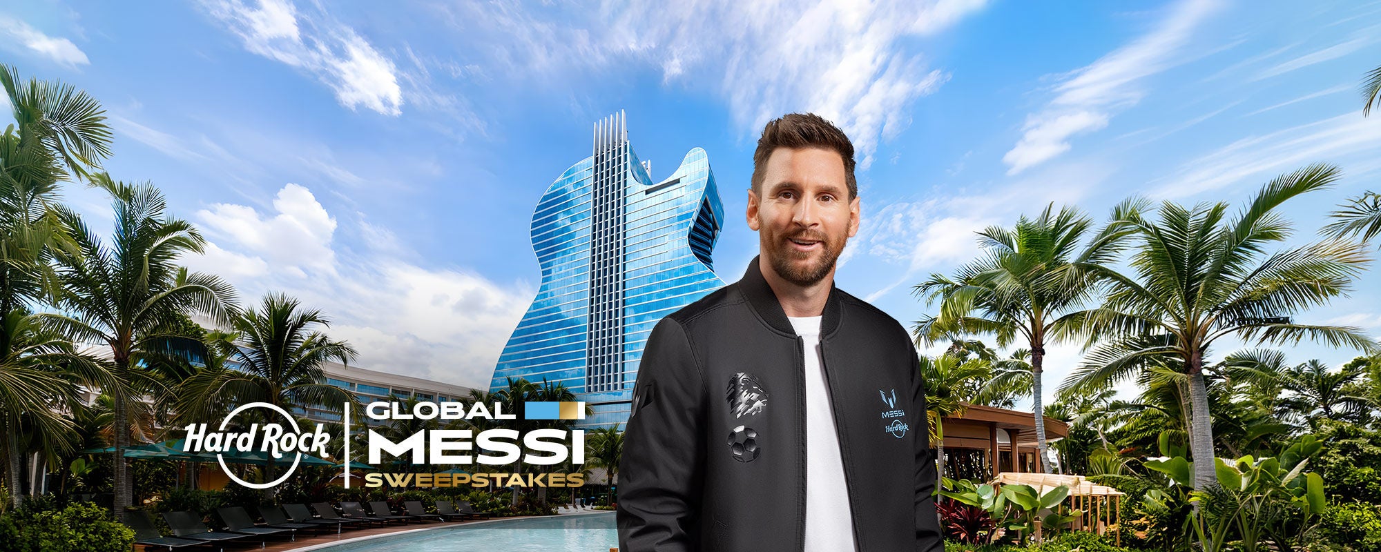 Leo Messi standing in front of the Seminole  Hard Rock Hotel & Casino Hollywood