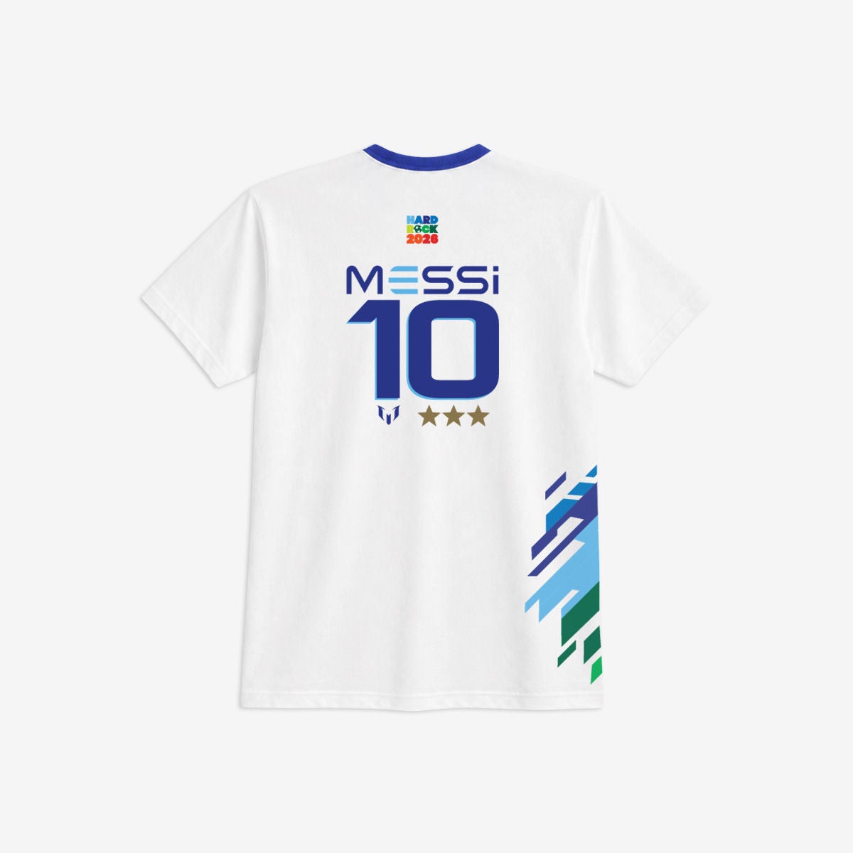 White short-sleeve t-shirt featuring the name MESSI and the number 10 printed on the back in bold blue lettering. Three gold stars appear beneath the number, suggesting achievement or championships. Colorful geometric stripes in blue and green decorate the lower side of the shirt. Additional small multicolored text is printed near the upper back neckline. The shirt is displayed on a plain white background, emphasizing the sporty design details.